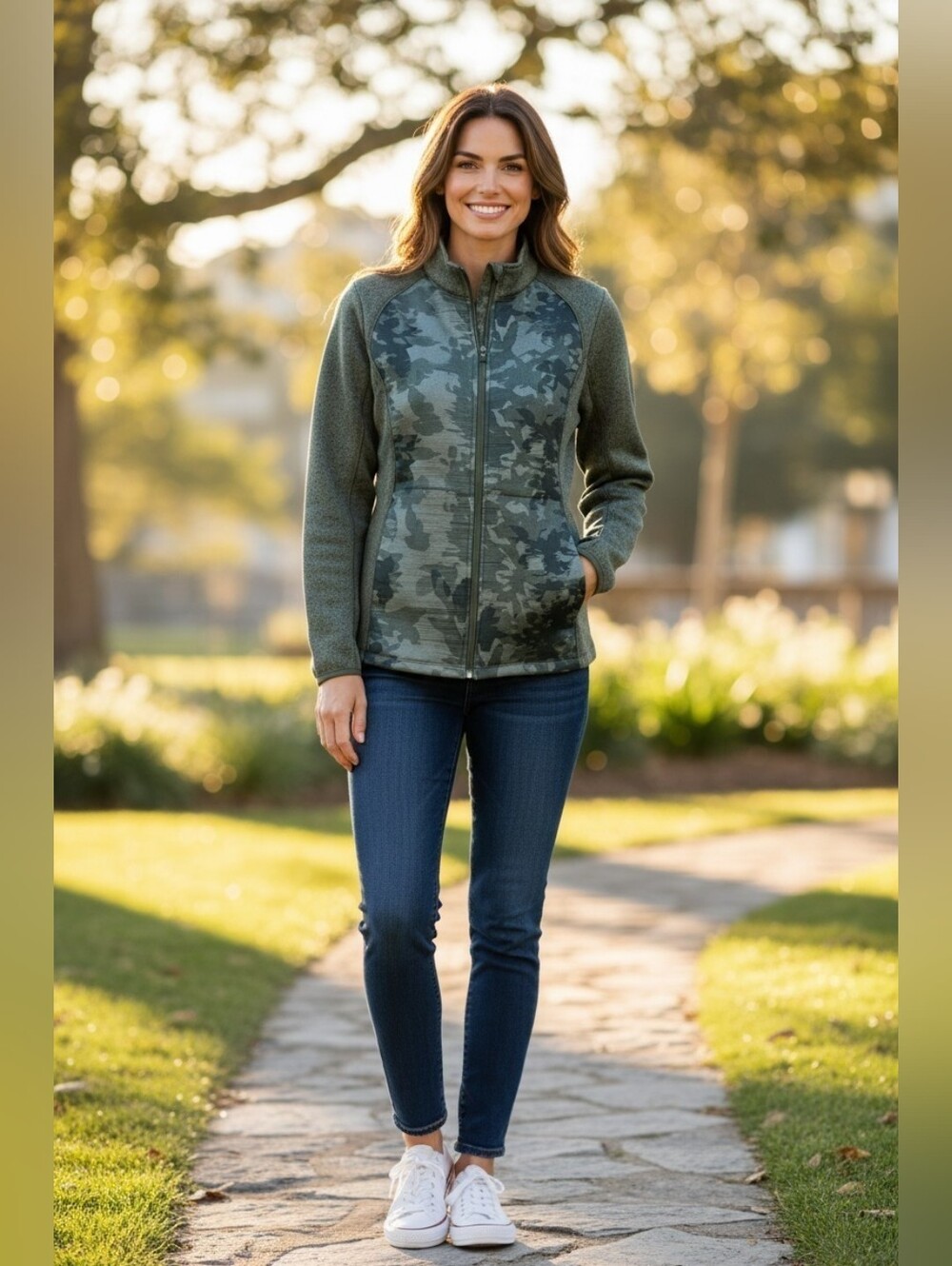 NWT Callaway Womens Weather Series Fleece Jacket Floral Green Camo Sun Protect L